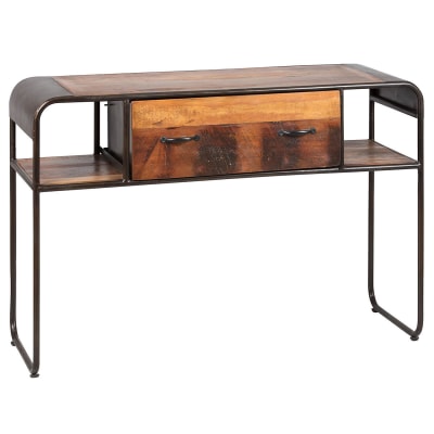 Console 1 tiroir en bois massif et métal rouillé