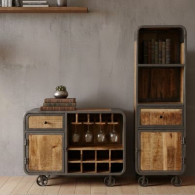 Etagère 1 tiroir 1 porte en acier gris et bois massif