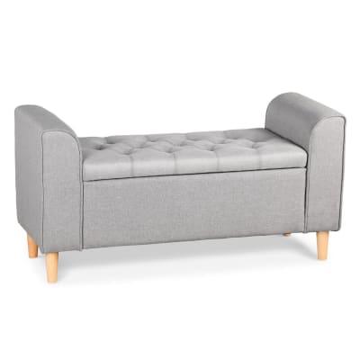 Banc coffre en tissu gris clair et pieds bois