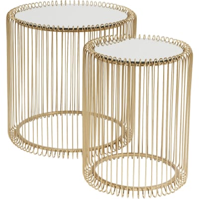 2 tables d'appoint rondes en acier doré et verre miroir