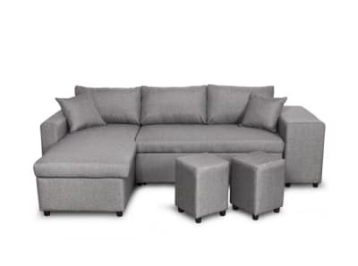 Canapé d'angle convertible avec coffre et poufs en tissu - gris clair