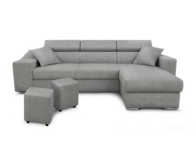 Canapé d’angle 4 places en tissu gris avec rangement gauche