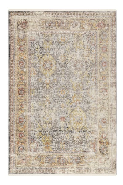 Tapis vintage bohème à poils ras et franges gris jaune 230x160