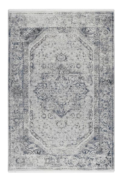 Tapis vintage bohème à poils ras et franges gris bleu beige 290x200