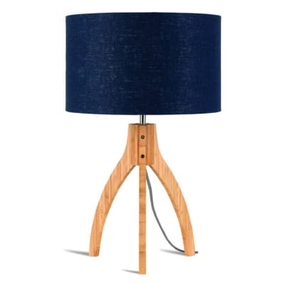Lampe tripode bambou et lin naturel bleu H54cm