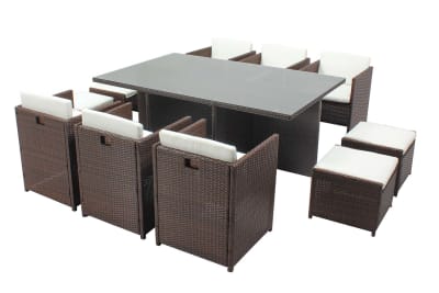 Table et chaises 10 places encastrables résine marron/blanc