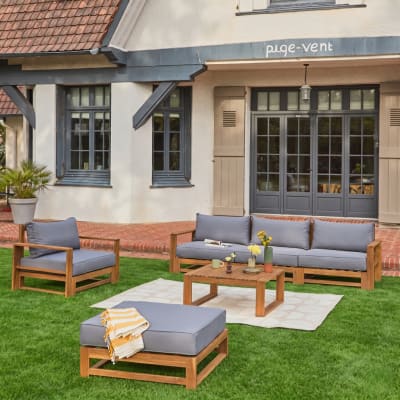 Salon de jardin en bois 5 places avec coussins gris