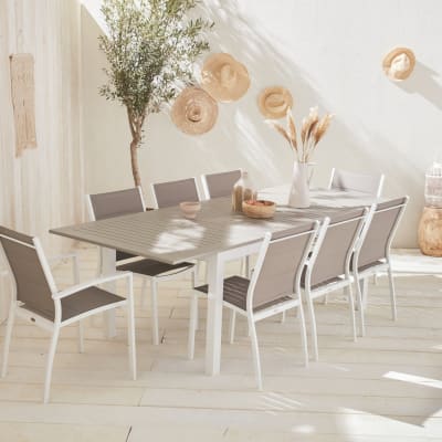 Ensemble table extensible et chaises 8 places blanc/taupe