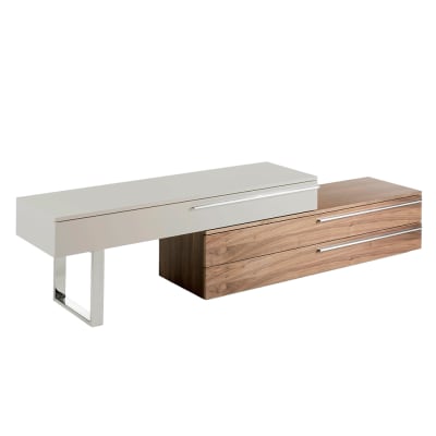 Meuble tv en bois beige, noyer et acier chromé