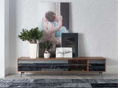 Meuble tv effet bois noyer et verre miroir noir