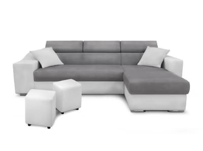 Canapé d'angle gauche microfibre/simili avec poufs - blanc/gris