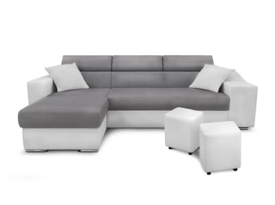Canapé d'angle droit microfibre/simili avec poufs - blanc/gris