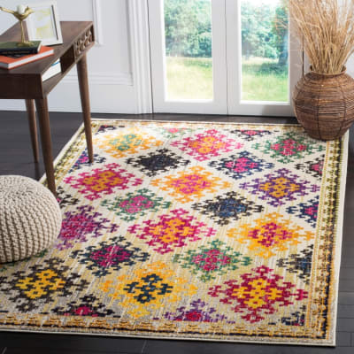 Tapis bohème chic en polypropylène blanc/multicolore, 201 x 279 cm