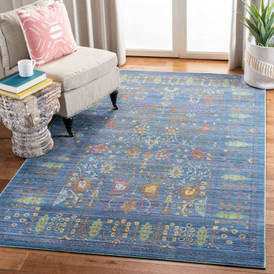 Tapis artisanat inspiré en polyester bleu/multicolore, 122 x 183 cm