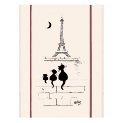 Grand torchon  chats tour eiffel en coton ecru 60 x 80 cm