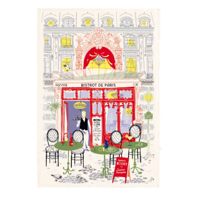 Torchon imprimé façade bistrot en coton ecru 48 x 72 cm