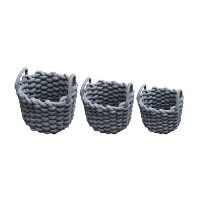 Set de 3 paniers rond en corde de coton tressée gris avec anses