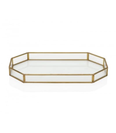 Plateau décoratif en laiton doré et verre 27x16cm