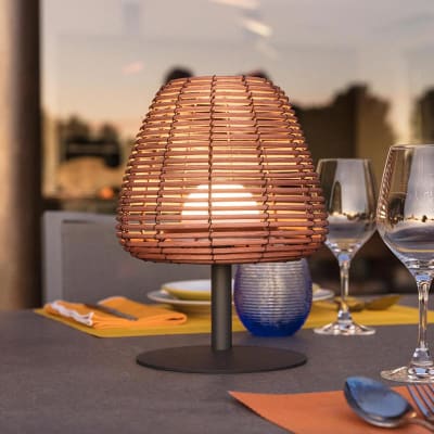 Lampe de table sans fil polyrotin marron h25cm