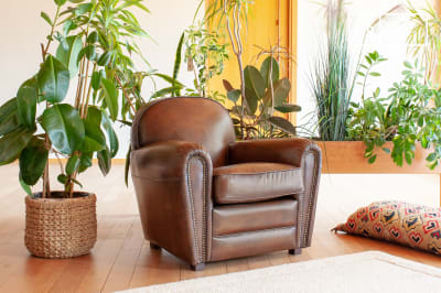 Fauteuil club en cuir marron