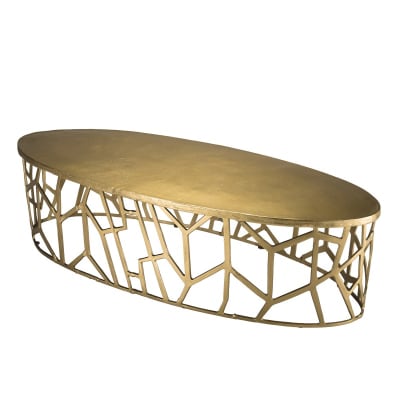 Table basse ovale pietement graphique aluminium doré l150