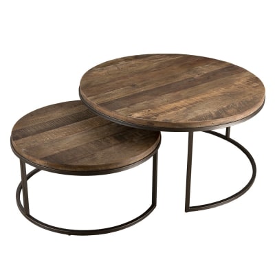 Tables basses gigogne en teck recyclé acacia mahogany métal noir d80