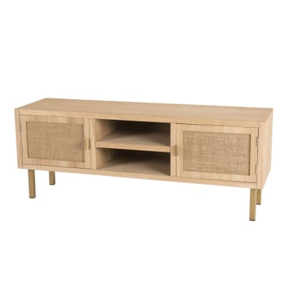 Meuble tv 2 niches 2 portes toile de jute pieds métal doré