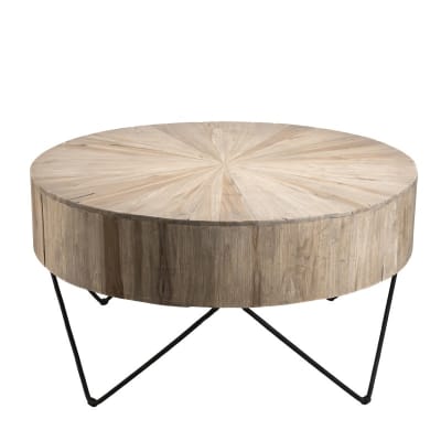 Table basse ronde nature plateau en teck pieds épingles métal noir d90