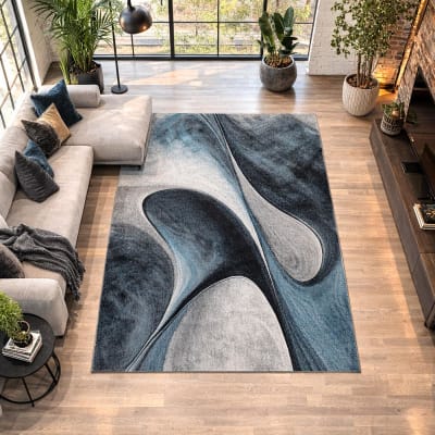 Tapis salon tissé motif géométrique doux et soyeux, bleu 160x230