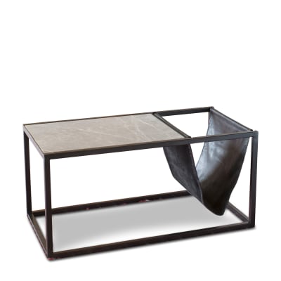 Table basse porte-revue en pierre et métal noir