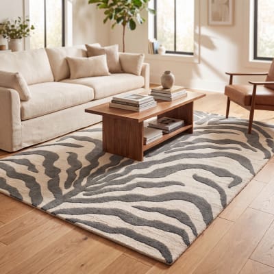 Tapis zèbre en laine blanc/gris, 122 x 183 cm