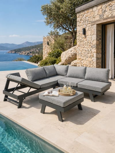 Salon d'angle de jardin 6 places en aluminium