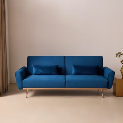 Canapé convertible en velours bleu pétrole avec pieds fins or rose