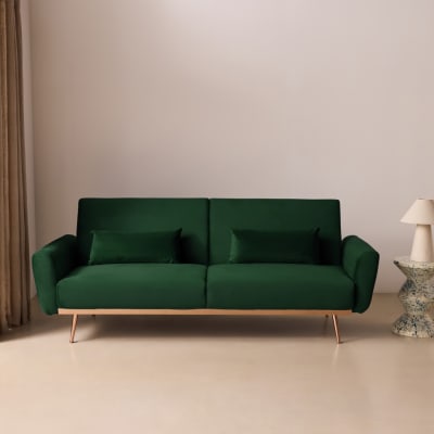 Canapé convertible en velours vert anglais avec pieds fins or rose