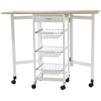 Desserte cuisine 3 paniers tiroir rallonges blanc aspect chêne clair