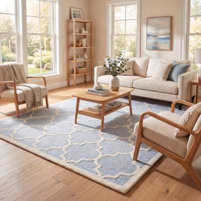 Tapis treillis en laine bleu/blanc, 152 x 244 cm