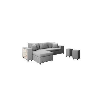 Canapé d'angle convertible et poufs en tissu - gris clair