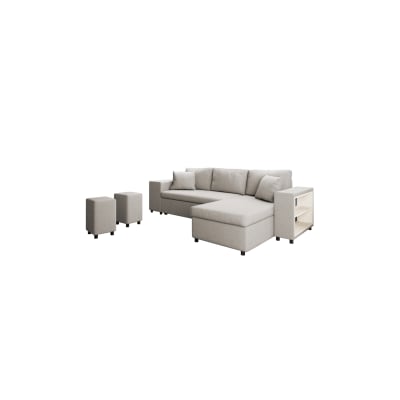 Canapé d'angle convertible et poufs en tissu - beige