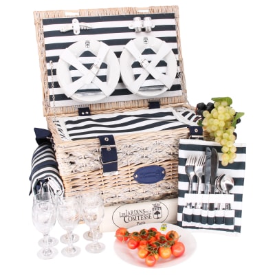 Panier pique-nique marine aux rayures bleues et blanches 6 personnes