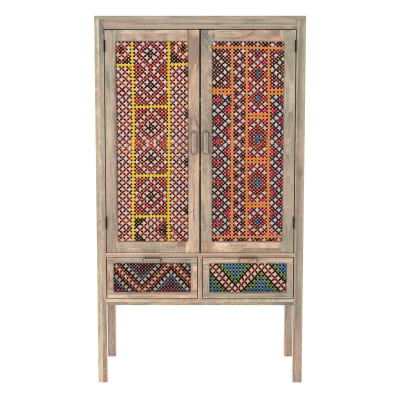 Armoire 2 portes 2 tiroirs en manguier et cannage coloré