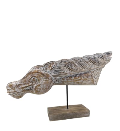 Figure tête cheval sculpté avec base en bois marron