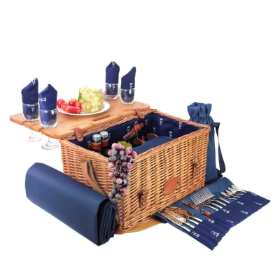 Panier pique-nique en cuir saint-honoré bleu foncé 4 personnes