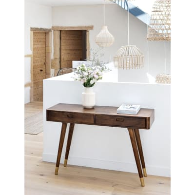 Console en bois 2 tiroirs et détails dorés