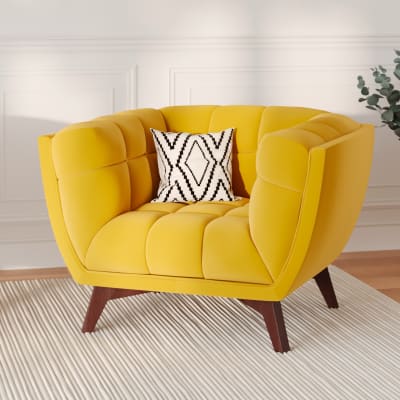 Fauteuil en velours jaune pieds marrons