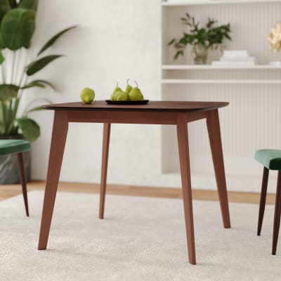 Table carrée 4 personnes en bois foncé finition noyer 90 cm