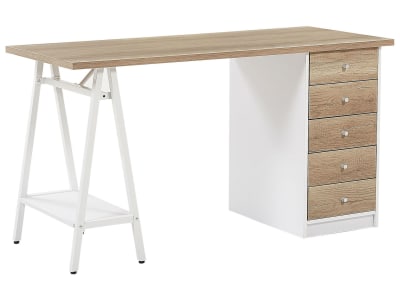 Bureau effet bois clair et blanc avec 5 tiroirs