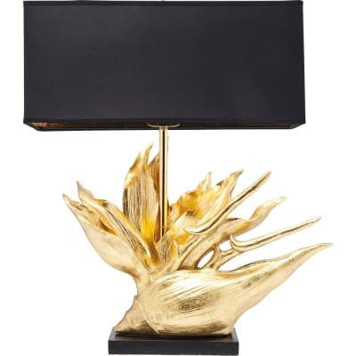 Lampe fleur en polyrésine dorée et abat-jour noir