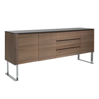 Buffet noyer, acier chromé et plateau en verre noir