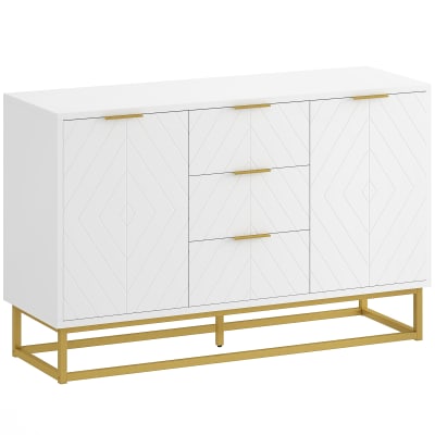 Buffet design contemporain graphique 2 portes 3 tiroirs blanc doré