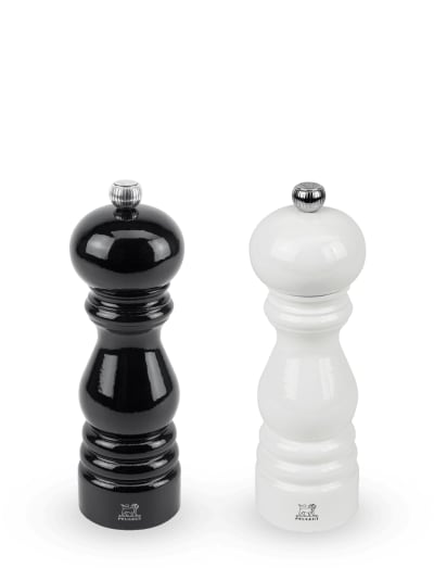 Duo moulins à poivre et à sel bois laqué noir et blanc H18cm